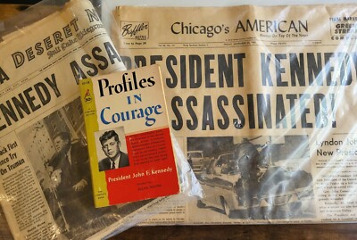 Lot of 3 - JFK Assassination Newspapers & Profiles In Courage book- Vintage 1963