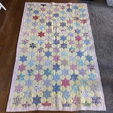 Vintage 30's Touching Stars Antique Quilt Pink Border 48in X 74in