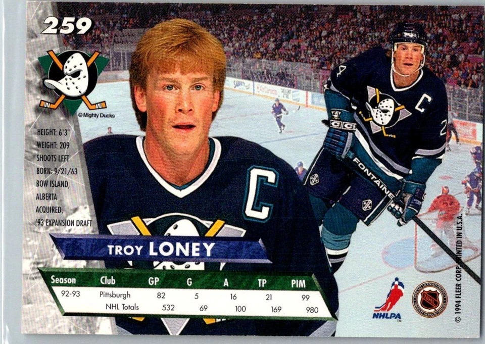 1994-95 Fleer Ultra Troy Loney Anaheim Mighty Ducks #259 - Image 2 of 2