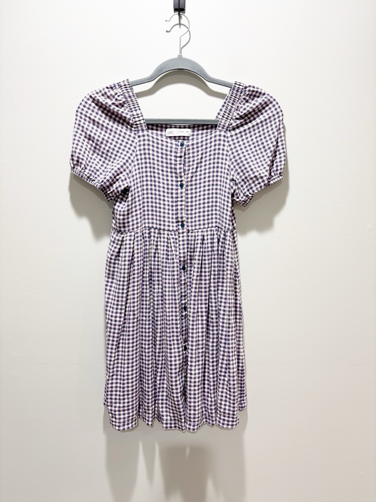 Zara Purple/White Gingham Checked Kids Dress Puff Sleeves Button Closure