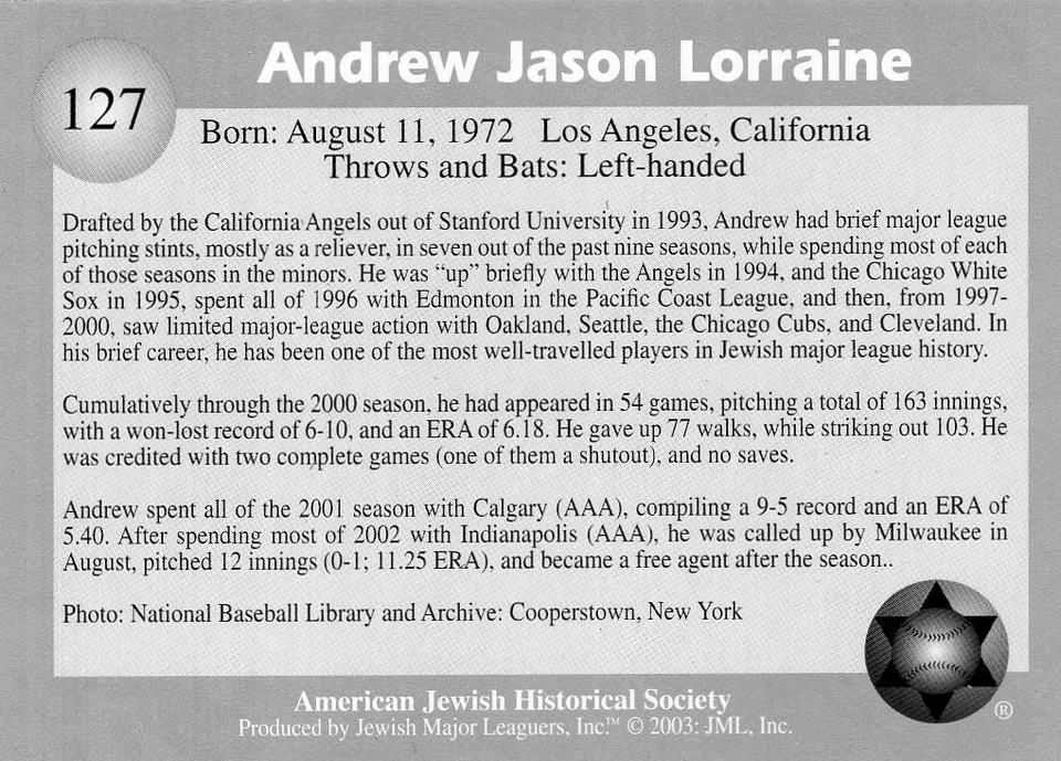 ANDREW LORRAINE Jewish Major Leaguers 2003 Baseball Card #127 Nr-Mint SHIPS FREE - Image 2 of 4