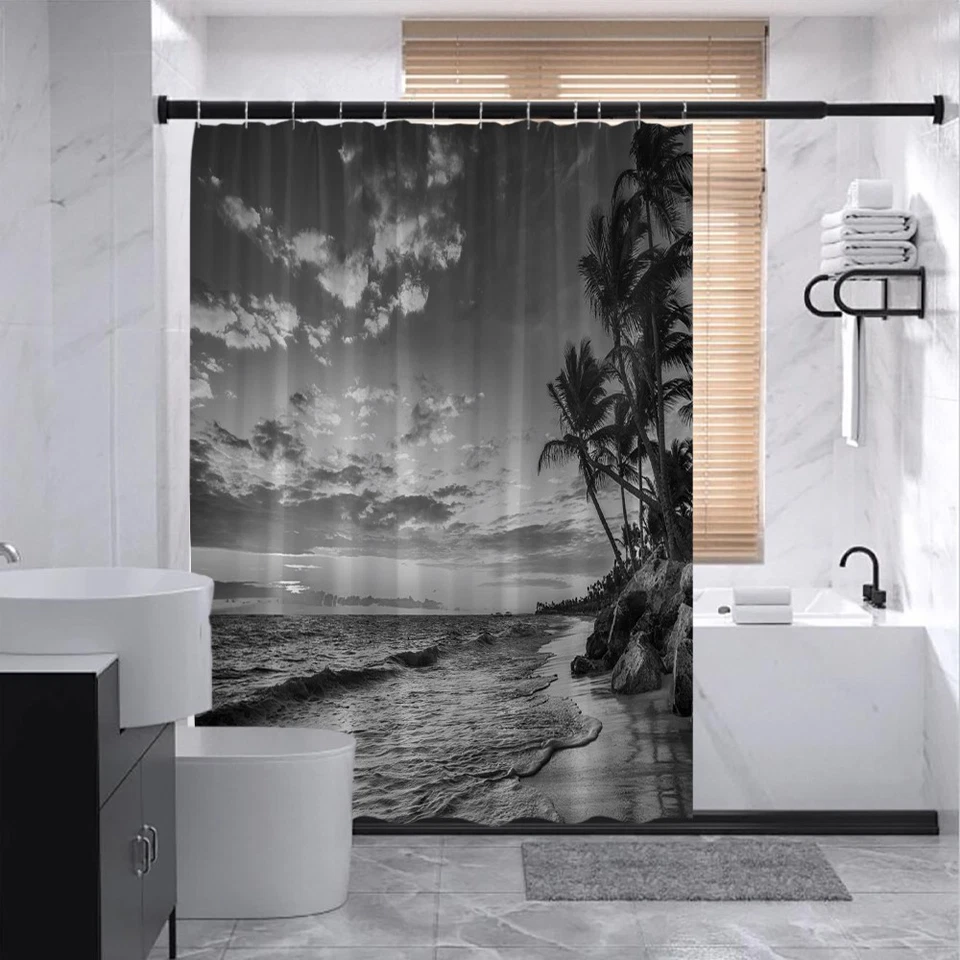 Black and White Beach Shower Curtain Ocean Wave Palm Tree Coastal Sunset - Image 2 of 4