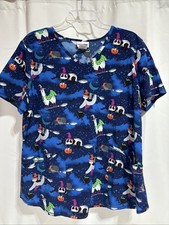 Scrubstar Scrub Top Sloth Halloween Pumpkins Size L Panda Witch Blue