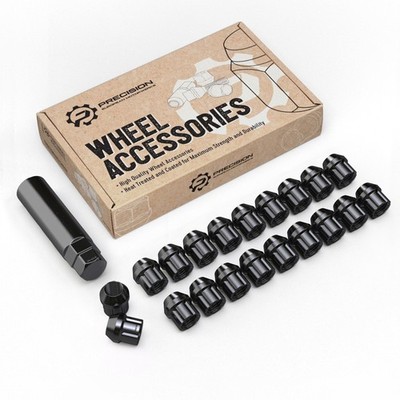 20pc 12x1.5 Black Spline Lug Nuts | Cone Seat | Short Open End | Key Included