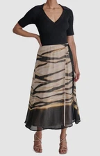 DKNY Women's Black Mixed-Media Lined Cotton Tie-Waist Fit & Flare Dress Size S