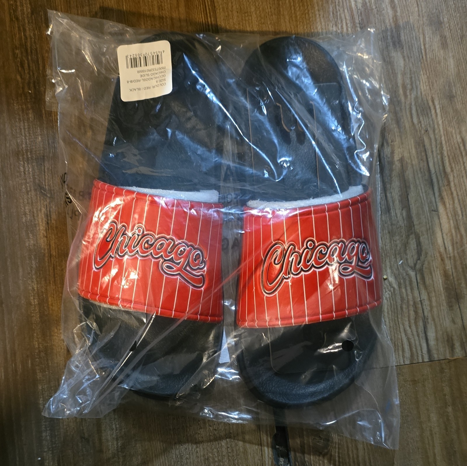 Women’s Slip-On Slide Sandals Red/Black Striped Logo Sports Theme Size 8