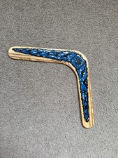 Hand-Painted Wooden Boomerang  Handmade Art Boomerang  Blue Tribal Design
