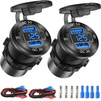 2 Pack 12V USB Outlet Wire Aluminum Car Charger Multi Port, Dual Quick Charge...
