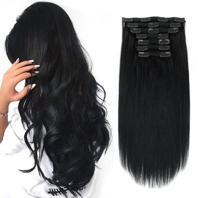 Jet Black Clip In Hair Extensions Made of Remy Virgin Human Hair Double Wefte...
