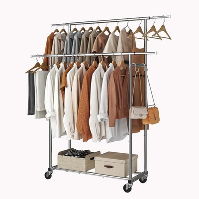 Simple Double Rod Clothing Garment Rack, Rolling Clothes Organizer on Wheels