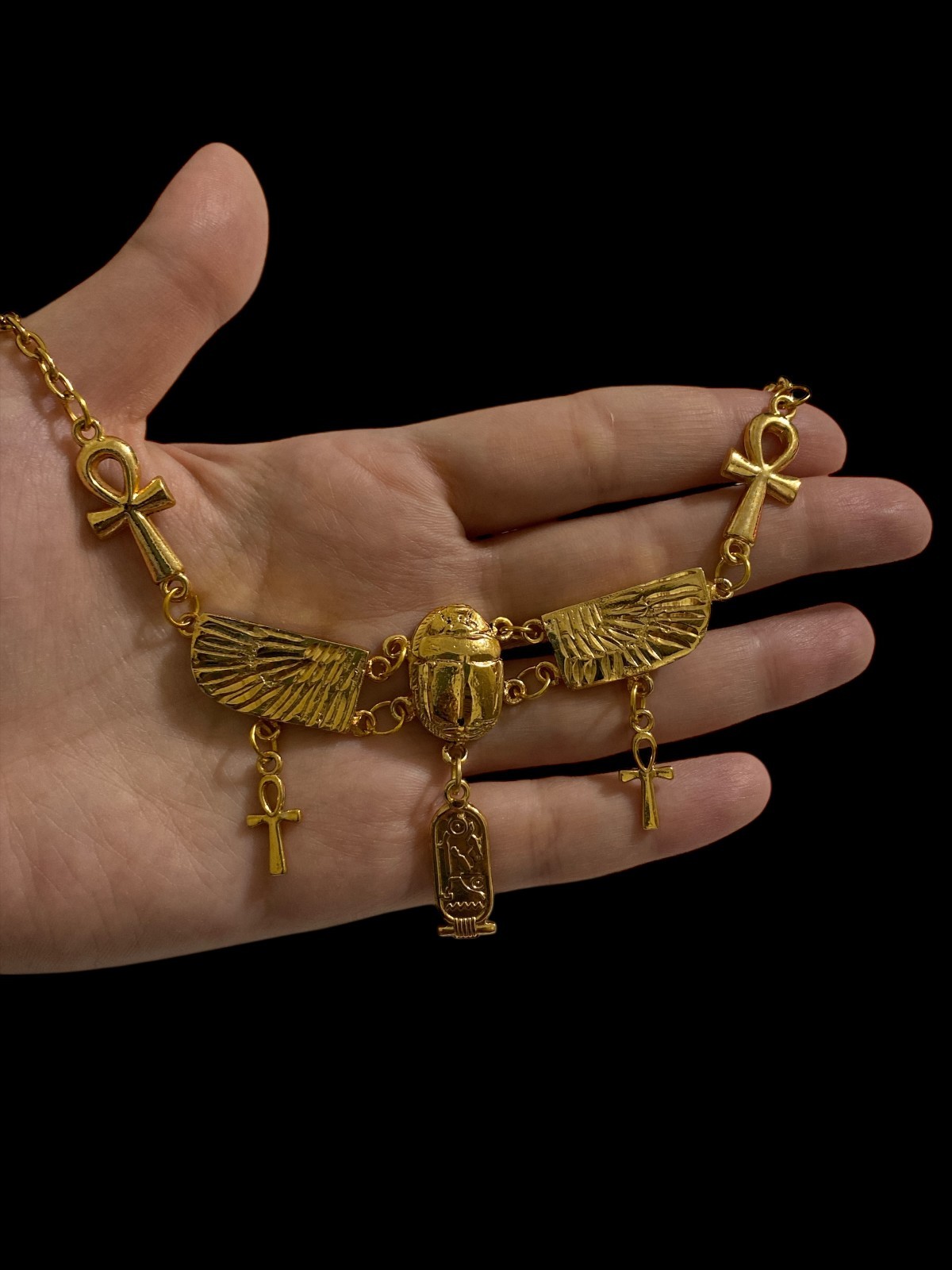 Rare Egyptian Winged Scarab Beetle Necklace with Cartouche and Ankh Key