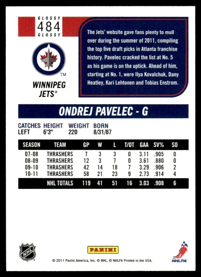 2011-12 Score Glossy Ondrej Pavelec Winnipeg Jets #484 - Image 2 of 2
