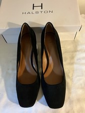 Halston Krista Block Style Black Suede Shoes Silver/Chrome Heels Size 9.5 M (A5)