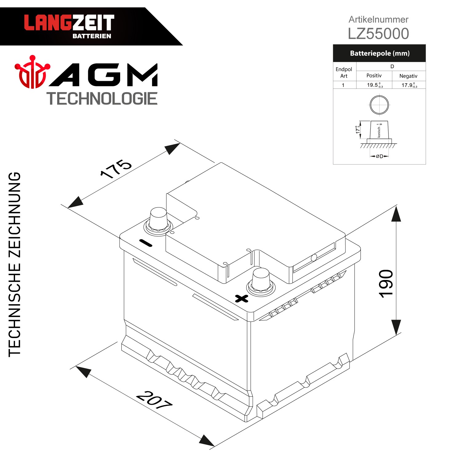 Lungo termine - Langzeit Batteria Auto AGM 50ah 12V Start-stop Vrla Sostituito 65ah - Miniatura 5