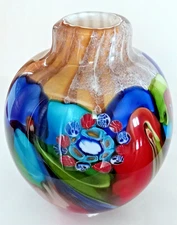 Large Murano Style Italian Millefiori Rainbow Cased Hand Made Art Glass Vase EUC