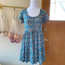 Floral Babydoll Tiered Blue Mini Dress Medium Boho Festival Hippie Church Summer