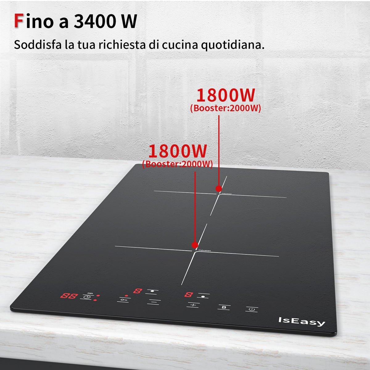 Piano Cottura Elettrico 2 Fuochi Incasso - Vetroceramica 3000W, Touch, Timer, 49x26cm - Foto 4
