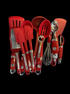 Set Of 13 KitchenAid Red Non-Stick Cooking Utensils Spatula Tongs Spoons