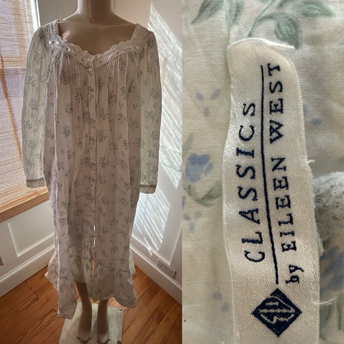 Eileen West Classics Sheer Cotton Long Slv Granny Core Blue Floral Button Frt L