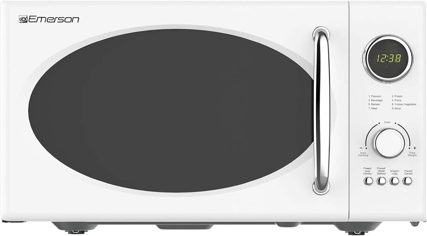 Retro Compact 800W Microwave Oven with Grill, 8 Auto Menus, Child Lock, White
