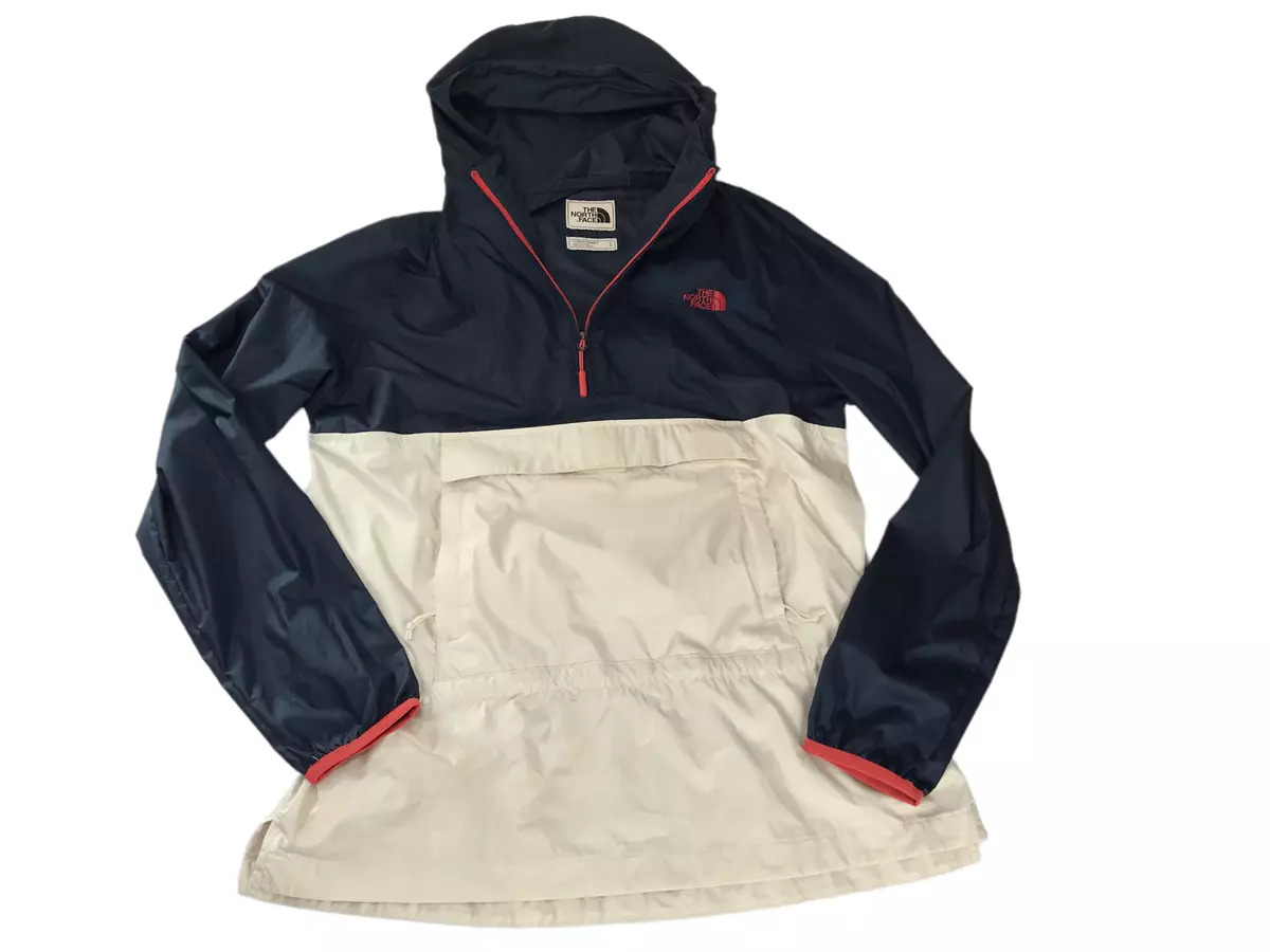 The North Face Anorak Hooded Windbreaker with Kangaroo Pouch. Dark Blue White S