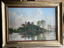 Pardubicky. A Oil Painting Antique Um 1900 Park Shore Were Trees Landscape Frame