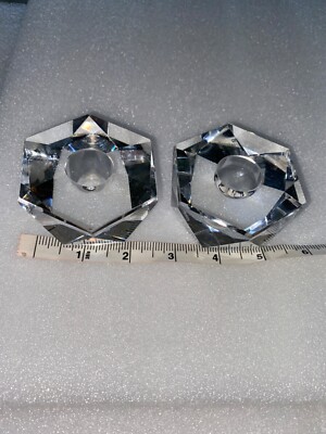 Bohemian Crystal Candle Stick Holders Geometric faceted Prism MCM Vintage