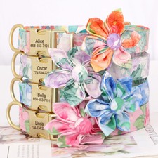 Floral Personalized Dog Collar Engraved Metal Buckle Adjustable Soft Padded S-L