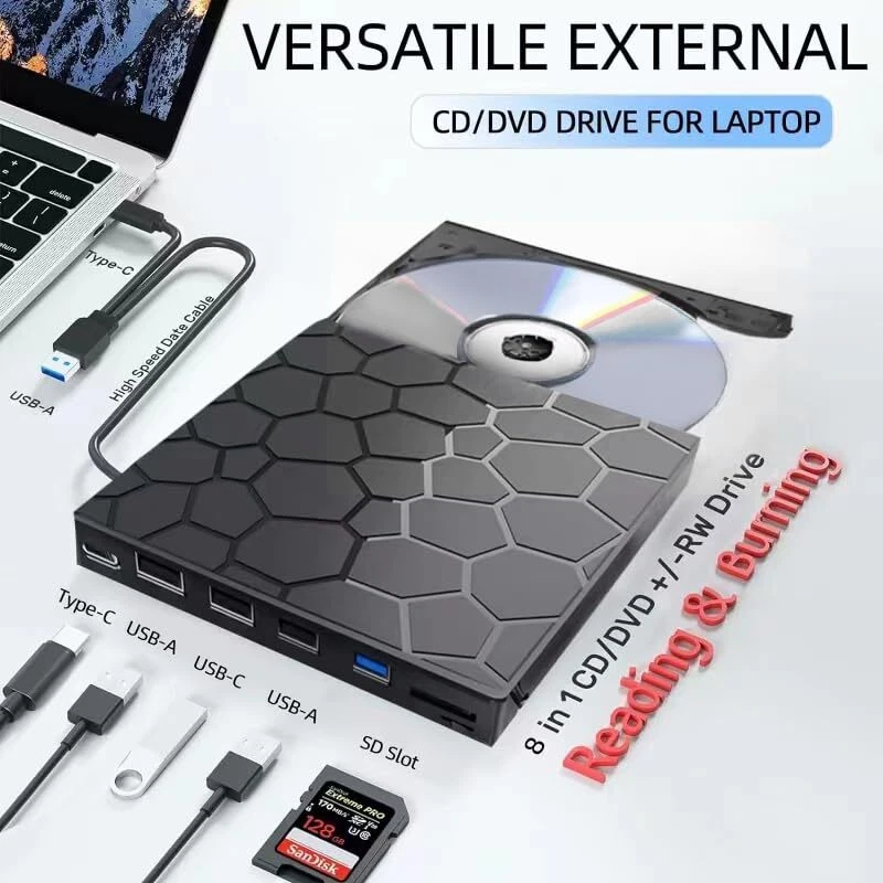 External CD DVD Drive USB 3.0 Type-C External with SD/TF Card Reader RW Burner - Image 2 of 4
