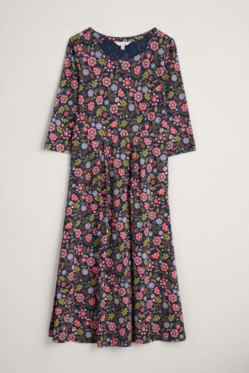 Seasalt Women's navy Veronica Midi Dress (GOTS) Regular Woodblock