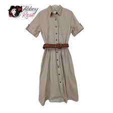 Dress Cream Beige Shirt Dress Midi Belt Size 10 P Made In USA Cotton KDK