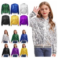 UK Girl’s Sequin Bomber Jacket Sparkle Zip Up Baseball Jacket Coat Outerwear