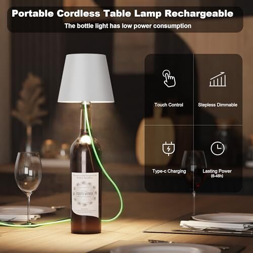 Wireless Bottle Lamp,LED Cordless Wine Bottles Table Lamp Rechargeable 1 White - Picture 6 of 8