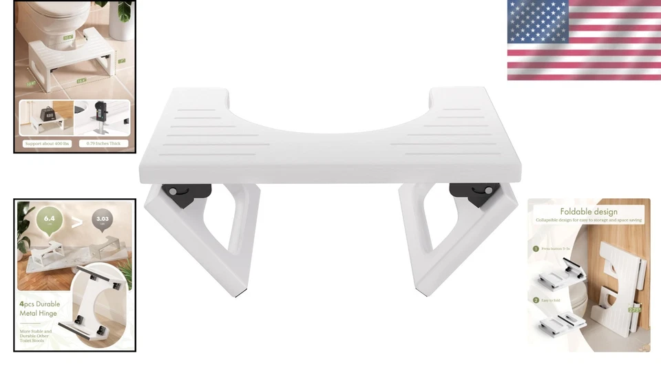 Durable 7 Inch White Bamboo Toilet Stool Foldable No Assembly Adults - Image 2 of 4