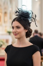 Black Lace Flower Fascinator with Feathers Headband Tea Time Derby Hat