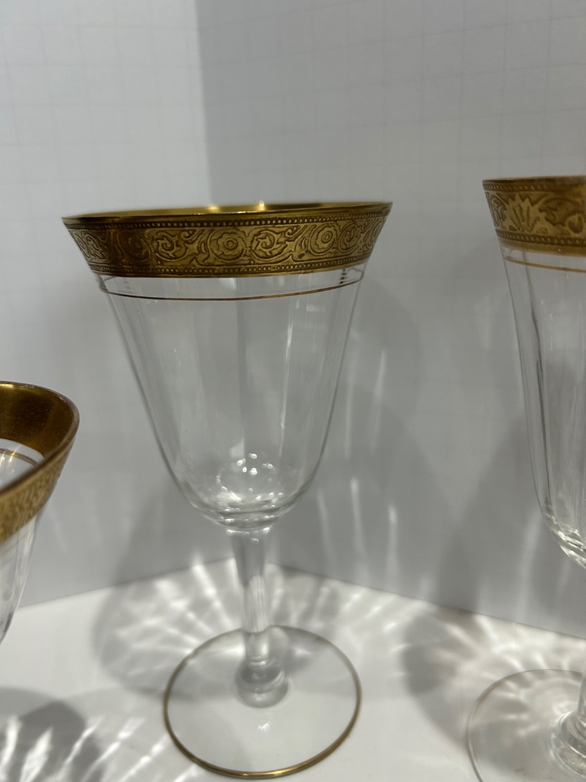 6  Tiffin-Franciscan Minton Optic Glass Gold Trim Footed Glasses assorted Sizes
