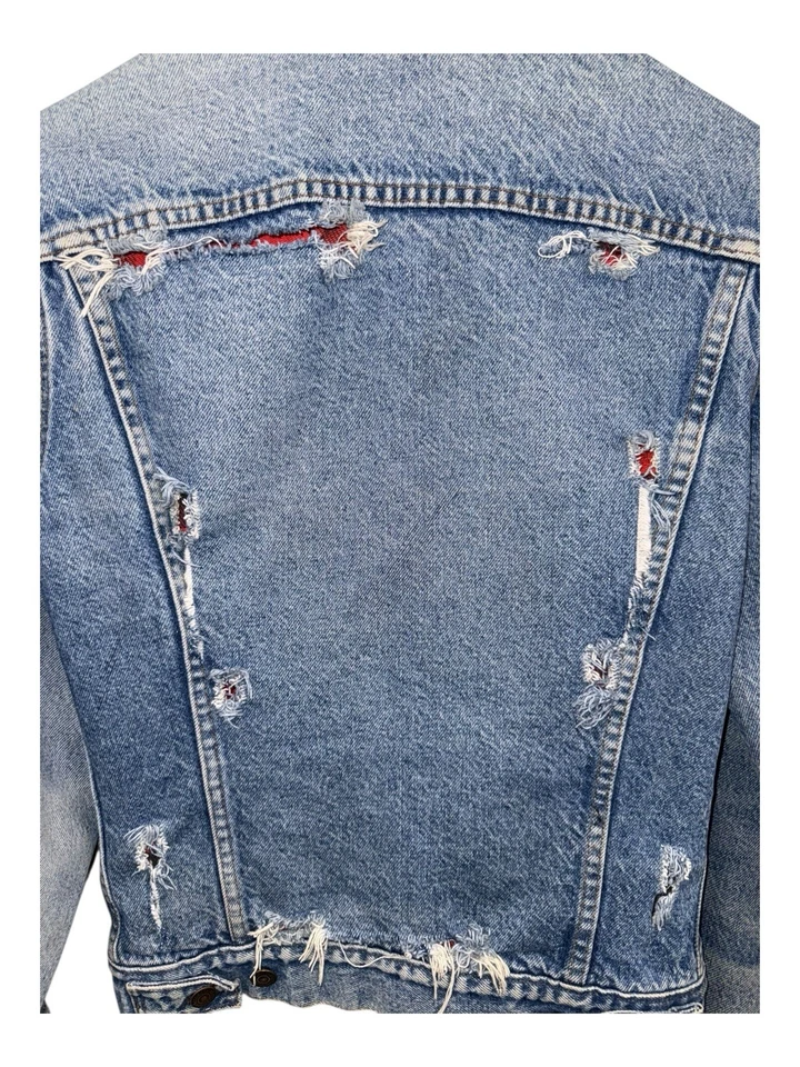 Винтажная синяя вареная клетчатая фланелевая искусственно состаренная джинсовая куртка дальнобойщика Levis размер S - Изображение 3 из 4