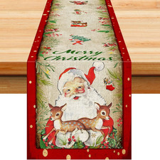Vintage Christmas Table Runner Xmas Holiday Santa Claus Kitchen Dinner Table Dec
