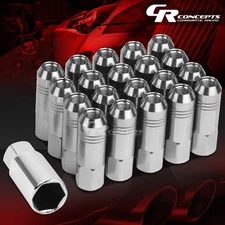 JDM SILVER 20PCS M12X1.25 20MM OD 60MM TALL OPEN END ALUMINUM LUG NUTS+ADAPTER