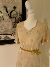 Rare 1930s Tea-Dyed Silk Hostess Gown with Original Floral Appliqué Details-30DB