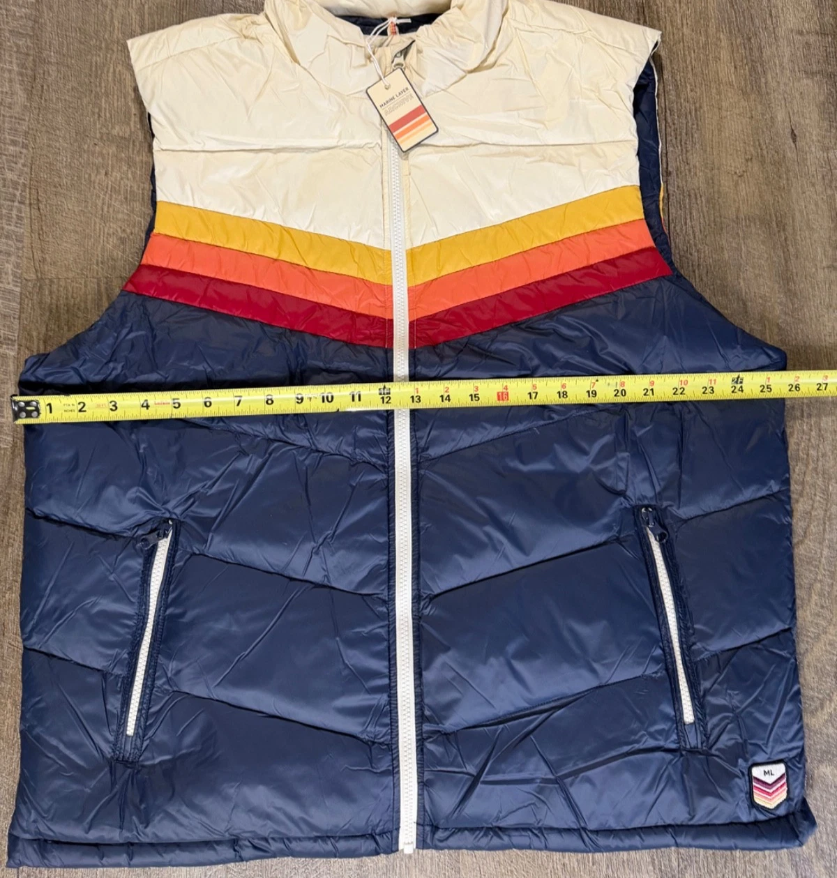 New Marine Layer Archive Boreal Puffer Vest Navy White Stripe Chevron Jacket XXL image 4