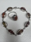 Vintage 925 Sterling Silver Amber Bracelet Teardrop Cabochon Design & Ring