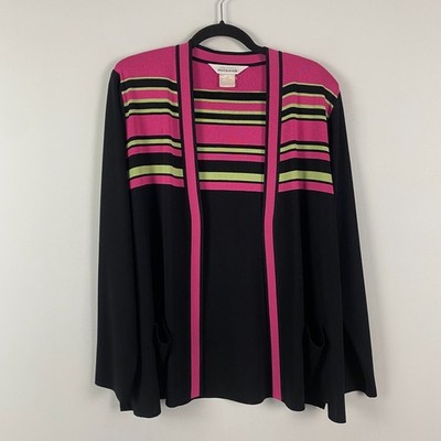 Exclusively Misook Cardigan Jacket Size XL Pink Black Green Stripe Open Front
