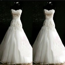 Vintage Mermaid Wedding Dress Strapless Ruching Lace Applique Tulle Bridal Gowns