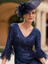 Sequins Short Mother of the Bride Dress Sheath V-neck Wedding Guest Gown Feather