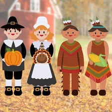 4 Pcs Thanksgiving Pilgrim Boy and Girl Yard Sign Large Native American Boy a...