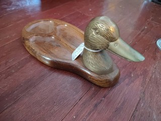 Vintage Brass Duck Head Wooden Valet Tray Organizer Catchall Dish Desk