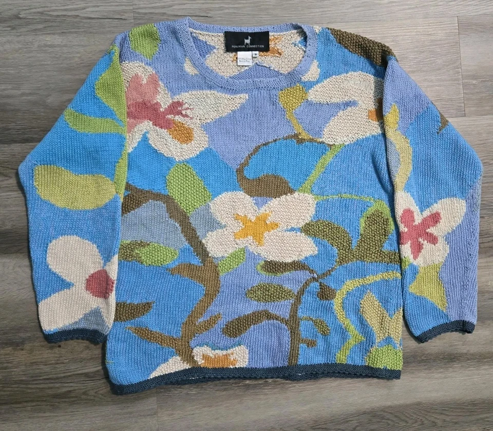 ВИНТАЖНЫЙ Перуанский Connection Pima хлопок цветочный вязаный свитер Boxy Fit S M синий - Изображение 4 из 4