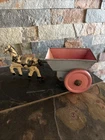 1930's VINTAGE TIN LITHO HORSE PULLING RED WAGON WIND UP TOY WORKS VIDEO