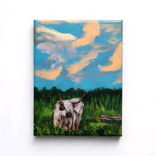 Original Realism Cow Landscape Acrylic Painting Nature Art Canvas